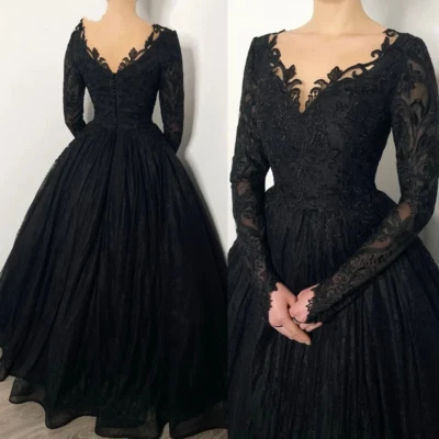 Gothic Black Wedding Dresses V Neck Long Sleeves Lace Appliques Bridal Gowns - Image 1 of 4
