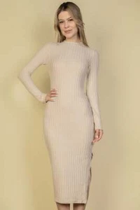 Sweater-knit Fuzzy Mock Neck Split Thigh Dress - Picture 1 of 12