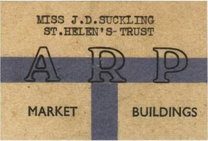 Tarjeta efímera WW2 ARP Warden JD Suckling St Helen's Trust Market War ataque aéreo - Imagen 1 de 1