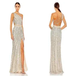 Neu mit Etikett Mac Duggal Pailletten One Shoulder Akt silber drapiert Schnürkleid Größe 12 - Bild 1 von 9