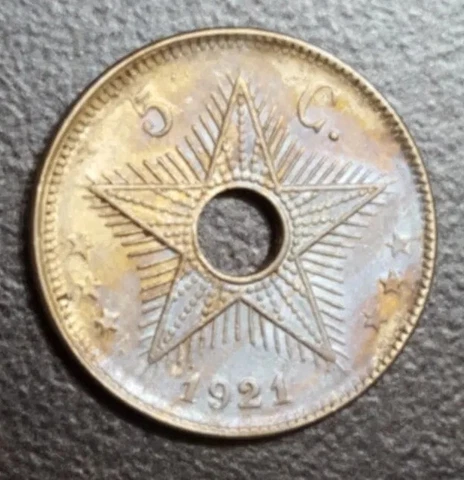 1921 Belgian Congo 5 Centimes XF+ AU Toned Old Scarce Coin KM 17 Cover