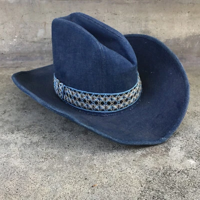 Vintage 70’s YA Youngan Blue Jean Denim Cowboy Western Hat Chevron M 7 - 7 1/8 - Image 1 of 4
