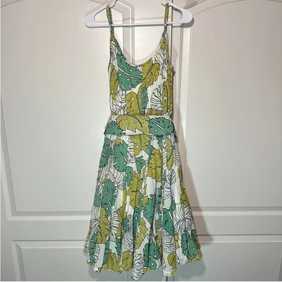Tori Richard Tropical Leaf Print Belted Mini Dress Green Boho Cotton Resort 4 - Image 1 of 4