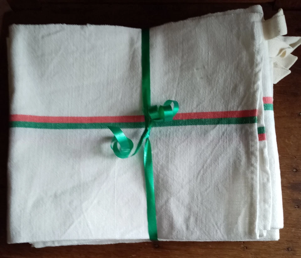 5 torchon anciens métis – liteaux rouge vert – linge de maison rétro - Photo 1/4