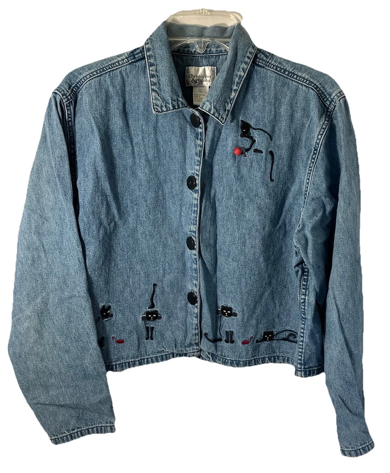 Christopher Banks Women Jacket Blue Denim Embroidered Cats Front/Back Sz Lg - Image 1 of 4