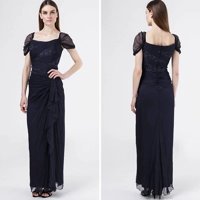 NUEVO Maxi Vestido Formal Tadashi Shoji Azul Marino Seda Cuentas Talla 8 Foto 1 de 4