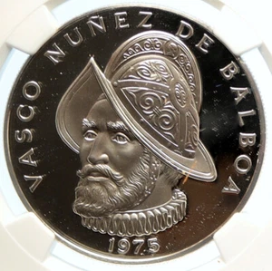 1975 PANAMA BIG Central America CONQUISTADOR BALBOA Proof Silver Coin NGC i99943 - Picture 1 of 5