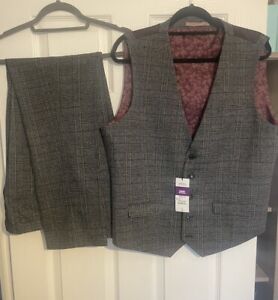 Burtons Grey Chequered Suit Trousers And Waistcoat - New With Tags