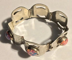 VTG MEXICO STERLING SILVER FOIL ART GLASS OVAL CABOCHON PANEL BRACELET - Picture 1 of 8