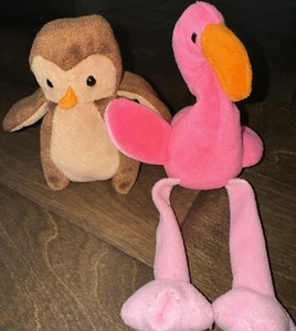 Ty Beanie Babies 1995 "Pinky" the Flamingo - Mint Condition And “hoot” Beanie - Picture 1 of 5