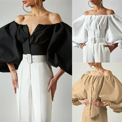 Dama Algodón Princesa Sexy Retro Elegante Top Blusa Plisada Hombro Descubierto Manga Abullonada Foto 1 de 4