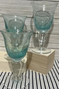 TRIO of Vintage Hand-Blown Glass Goblets Light Teal Blue Bubbles Water Tea Wine - Picture 1 of 11