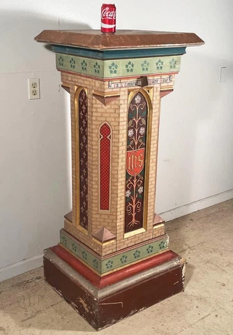 57" Tall Antique Hand Painted Wood Gothic Revival Church Display Pedestal Cover