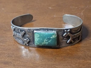 Fred Harvey Era Stamp Decorated Silver Bracelet With 20x15mm Cerillos Turquoise - Picture 1 of 7