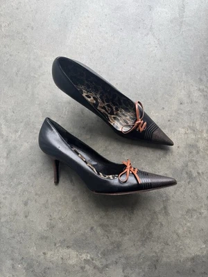 VTG Y2K Dolce & Gabbana Heels Women's 38.5 Black Leather Stilleto Pumps Leopard - Image 1 of 4