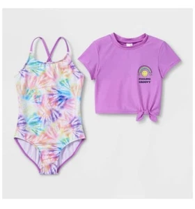 Cat & Jack Tie Dye Groovy Strappy One Piece Swimsuit Rashguard Set Size L 10/12 - Picture 1 of 4