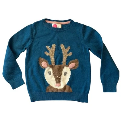 Mini Boden Kids Reindeer Sweater Size 5-6  Blue Holiday Pullover Girls - Image 1 of 4