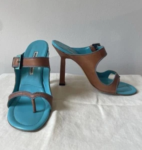 Manolo Blahnik vintage blue and brown flip flop heeled sandals - Picture 1 of 9