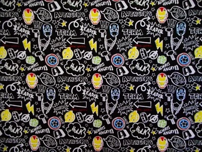 Camelot Fabric 7/8 Yard Marvel Comics Avengers on Black Quilting Cotton Vtg #N - Image 1 of 2