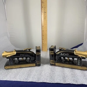 Vintage Bookends 2 Pen Holder Mid Century Old Revolutionary Gun Ceramic Japan - Picture 1 of 12