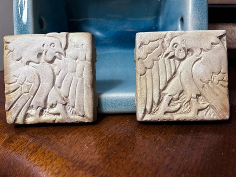 Rare Batchelder Tiles with Roosters That "Face" Each Other - 3x3 Unglazed Bisque Cover