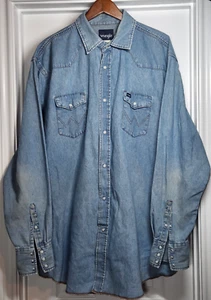 VTG Wrangler Western Mens 2XLT Pearl Snap Denim Shirt Rodeo Faded Work Distress - Picture 1 of 12