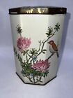 Decorative Octagonal Tin Can Flowers & Birds Hinged Lid Vintage Made In England