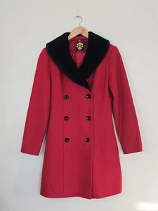 NISHE Red Double Breasted Wool Coat Womens Size 4 Black Faux Fur Trim Collar - Picture 1 of 16