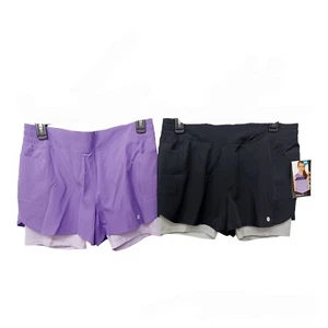 2 Pairs Avia Girls 2Fer Shorts-18-Purple-Black-Wicking-Semi-Fitted - Picture 1 of 5
