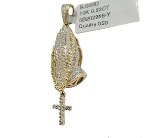 Cross Praying Hand Diamond charm pendant 10 KT Yellow gold 1/3 Carat Diamonds - Picture 1 of 6
