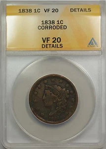 1838 Large Cent 1C Coin ANACS VF 20 Details Corroded (A) - Picture 1 of 2