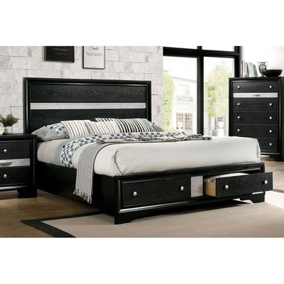 Contemporary Black Color Panel Headboard 1pc Queen Size Bed w Drawers Beautiful  - Image 1 of 4