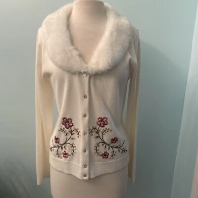Suéter cárdigan NortonMcNaughton para mujer M floral bordado cuello de piel sintética Foto 1 de 4