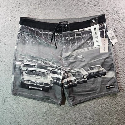 NUEVO CON ETIQUETAS Hurley Nascar Board Shorts Bañador Hombres 38 Sin Forro Coche de Carreras Negro Gris Foto 1 de 4