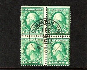 1912-14 U.S. Reg Issue 1c Grn Washington S.L. Wkm p.12 Blk of 4 Sc#405 Used - Picture 1 of 1