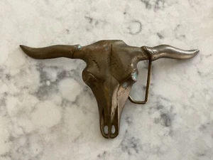 Vintage Texas Longhorn Steer Cow Skull Figural Solid Brass Belt Buckle - Picture 1 of 3