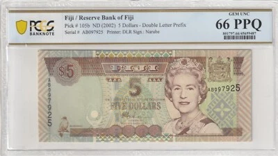 Fiji 2002 5 Dollars PCGS Certified Banknote UNC 66 PPQ Pick 105b - Image 1 of 2