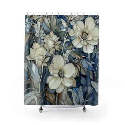 William Morris stained glass effect Blue,tan,cream,indigo Shower Curtain 71x74" - Image 1 of 2