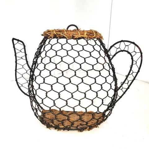 Vintage Wicker & Wire Coffee Pot Pitcher Wall Hanging Decor Basket 12" Wide Cover