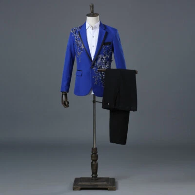 2PCS Men's Floral Rhinestone Dress Suit Blazer Coat Pants Party Prom Jacket Set - Image 1 of 4