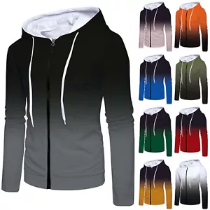 Men's Long Sleeve Zipper Hoodie Sweatshirt Gardient Prin Full Zip Outdoor Coat - Picture 1 of 47