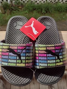 SANDALI SLIDE NUOVI CON ETICHETTE PUMA COOL CAT ECHO NERI ARCOBALENO GUERRIERI BAMBINI TAGLIA 11 - Foto 1 di 2