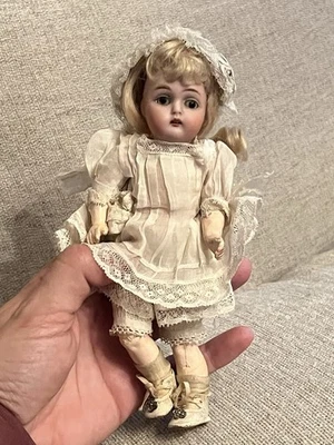 Rare 7” Kestner 155 Bisque Doll Tiny Jointed Body Orig Dress Bonnet Shoes - Image 1 of 4