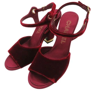 CHANEL Velvet Chunky Heel Sandals Strap Burgundy 1349 Used - Picture 1 of 10