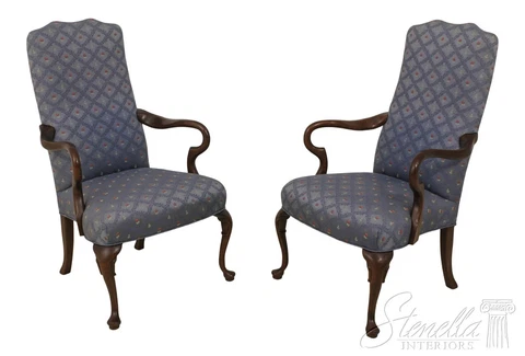 58913EC: Pair FAIRINGTON Queen Anne Cherry Upholstered Open Armchairs Cover