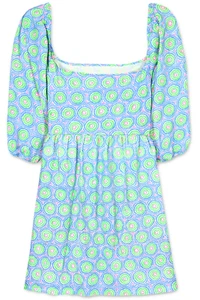 Women's Dress - Printed Sundress - Puff Sleeve - Mini Dress - 2XL - GREEN BLUE - Picture 1 of 3