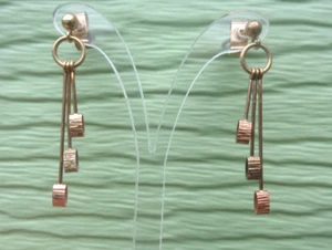 Gold Drop Pierced Earrings Modernist Abstract Vintage Dangly 9ct Yellow Gold - Picture 1 of 10