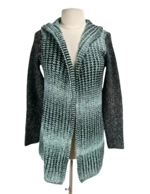 Stella Sky Womens Blue Black Cable Knit Cardigan Hooded Size M Open Front - Image 1 of 4