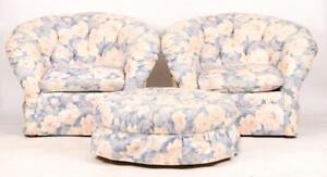 Pair of Baker Tufted Club Chairs with Matching Ottoman Footstool Designer Fabric