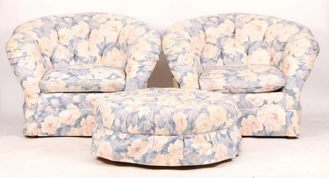Pair of Baker Tufted Club Chairs with Matching Ottoman Footstool Designer Fabric Cover